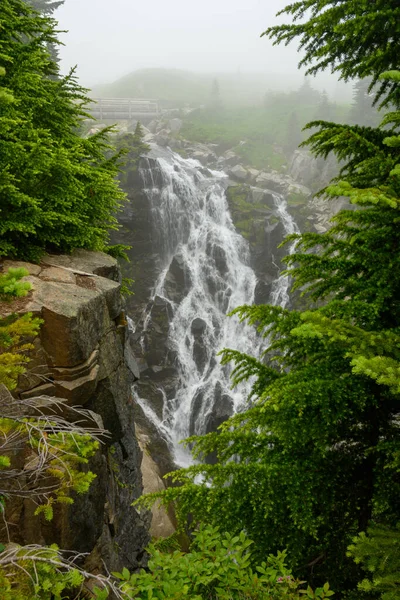 Myrtle Falls Tumbles Cliff Foggy Day Mount Rainier — Stock Photo, Image