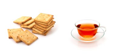 Beyaz üzerine izole edilmiş çay ve kurabiyeler.