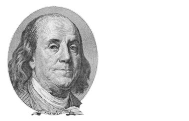 Benjamin Franklin 'in 100 dolarlık banknottaki portresi. Beyazda izole edilmiş.