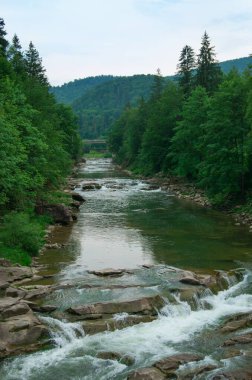 Taşlar ve küçük şelaleli dağ nehri, bulanık arkaplan