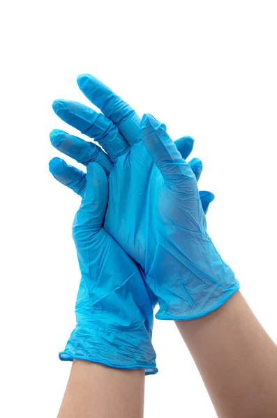 Доктор Надевает Защитные Перчатки Изолированные Белом — стоковое фото