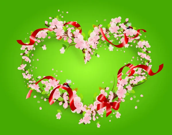 Blossom heart on green background with red ribbon — Stock Photo, Image