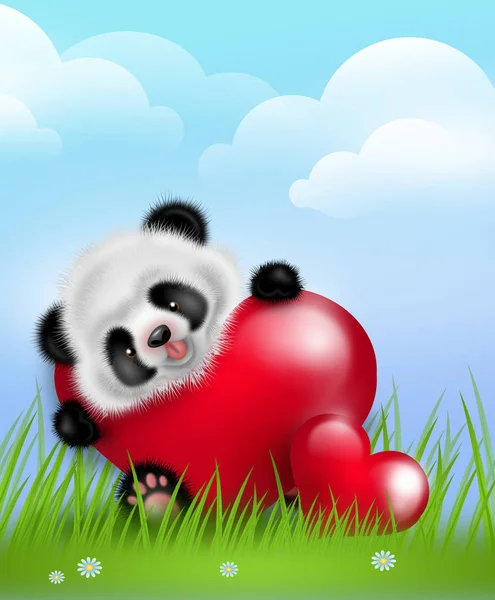 Panda com dois corações vermelhos — Fotografia de Stock