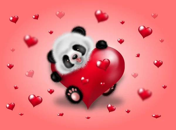 Panda con corazones rojos —  Fotos de Stock