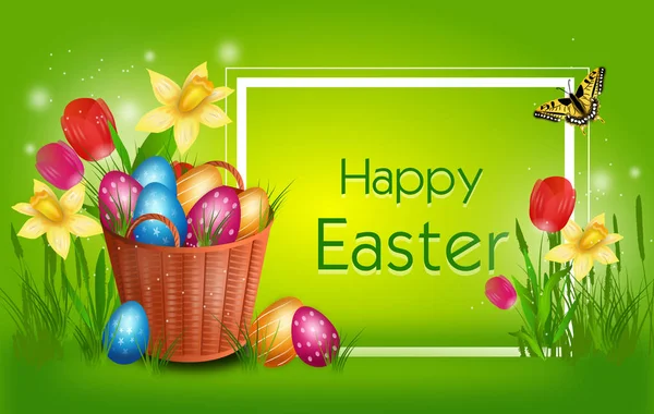 Cartão de Páscoa com cesta com pilha de ovos de Páscoa — Fotografia de Stock