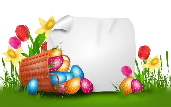 Tło Wielkanoc kosz z kupie pisanki — Zdjęcie stockowe