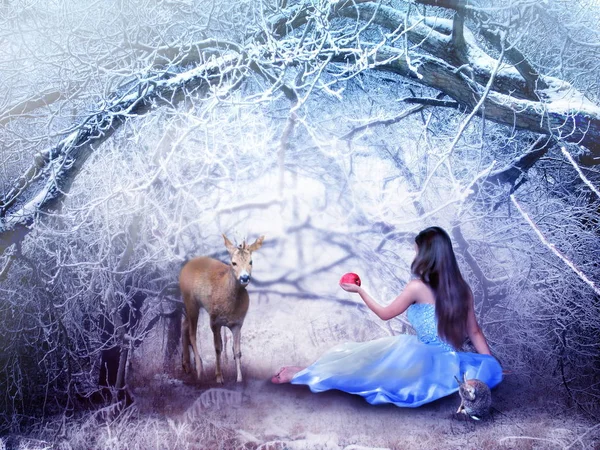 Girl with deer in winter Stock Photo