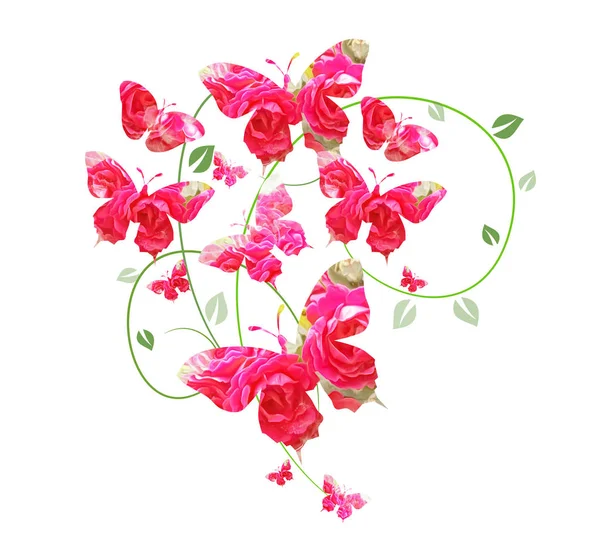 Ilustracja róże różowy motyli — Zdjęcie stockowe