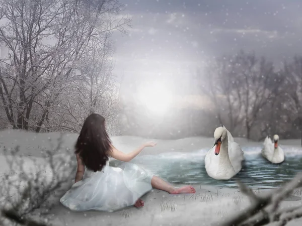 Žena u jezera s labutěmi — Stock fotografie