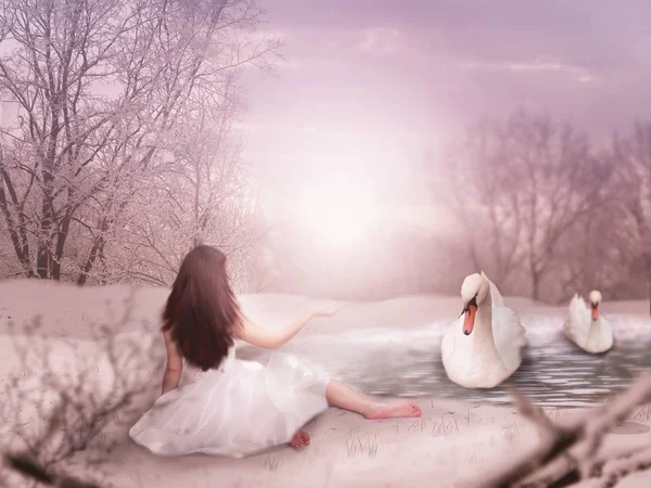 Žena u jezera s labutěmi — Stock fotografie