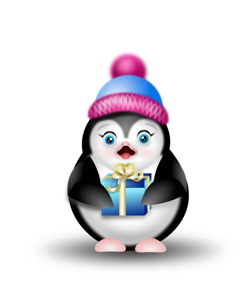 Christmas pingvin med gåva — Stockfoto