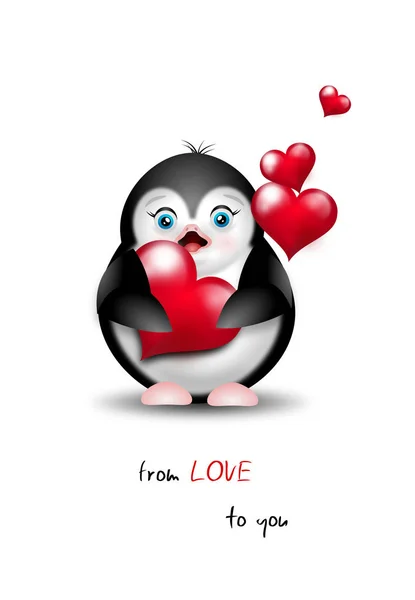 Valentine's penguin with red hearts — Stock Photo, Image