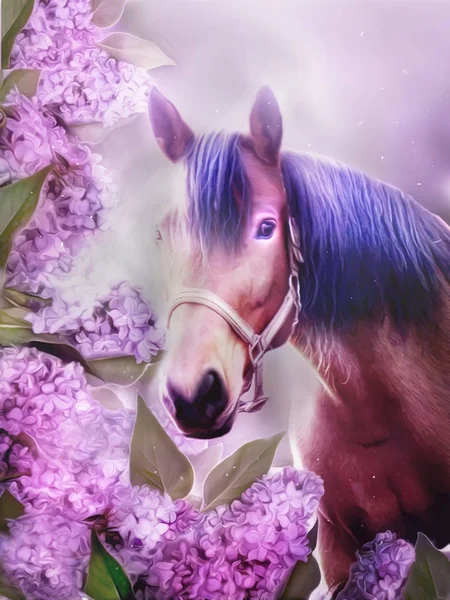 Beautiful horse with purple lilac — Stock Photo, Image