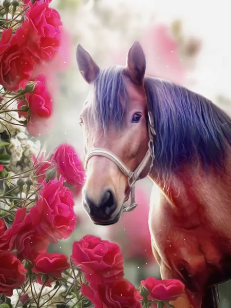 Beau cheval aux roses rouges — Photo