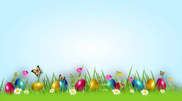 Великодній фон з різнокольоровими великодніми яйцями в траві — стокове фото