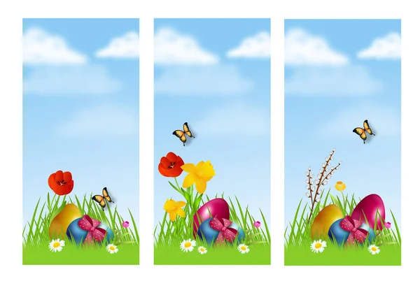 Conjunto de três banners de páscoa decorados com ovos de páscoa — Fotografia de Stock