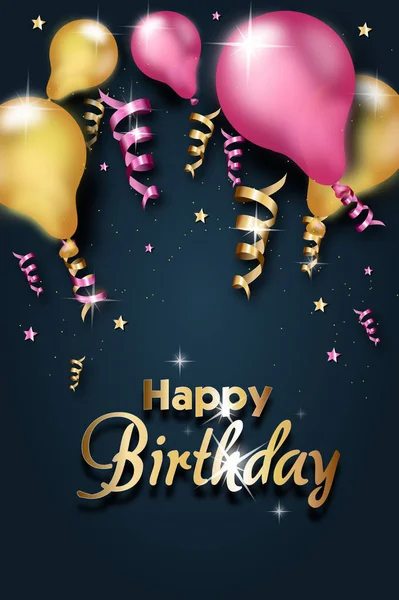 Cartão de aniversário decorado com balões e fitas — Fotografia de Stock