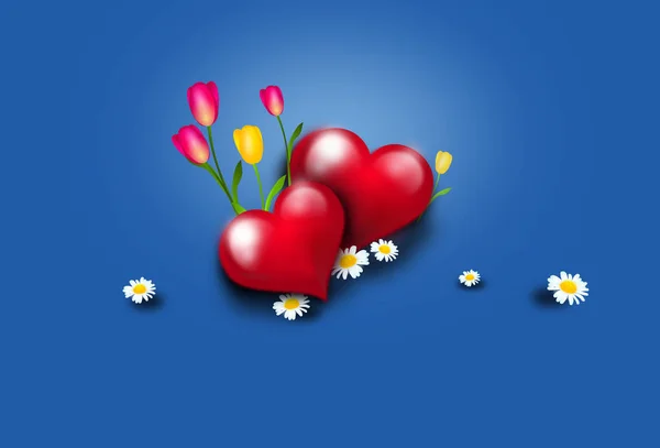 Deux cœurs rouges décorés de fleurs — Photo