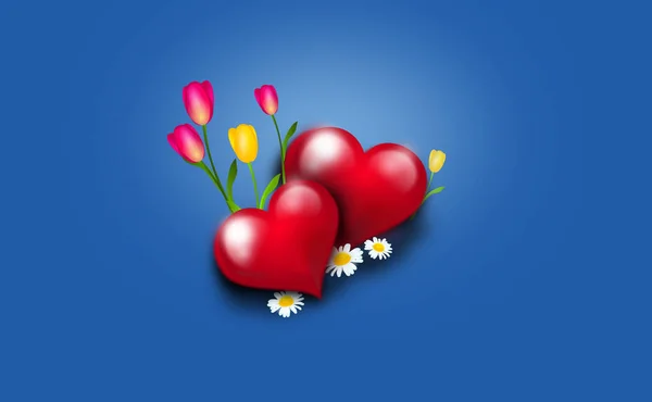 Δύο κόκκινες καρδιές decorateed με λουλούδια — Φωτογραφία Αρχείου