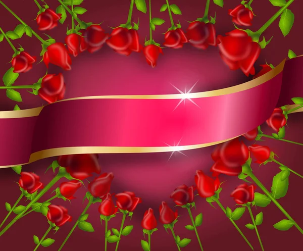 Illustration of heart set of red roses with pink ribbon — Stock Photo, Image