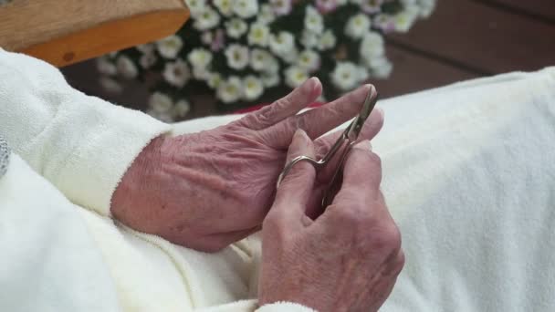Close-up van oude dames handen snijden nagels — Stockvideo