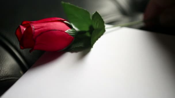 Kézi írás hívj mellett piros rózsa, fehér papírra — Stock videók