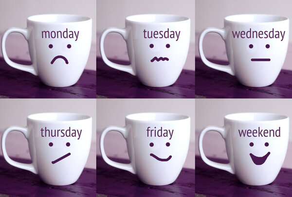 six cups with the words of days of the week