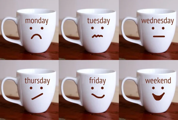 Six cups with the words of days of the week — Stock Photo, Image