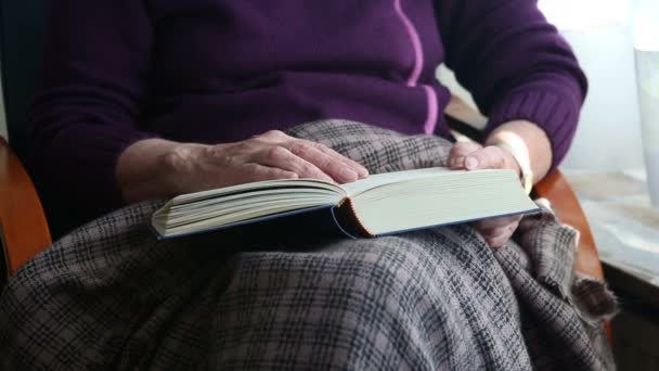 Closeup of older woman sitting by window and reading a book — Stock Video