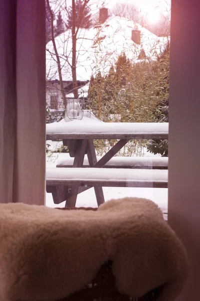 Vista da janela para o jardim com neve grossa — Fotografia de Stock