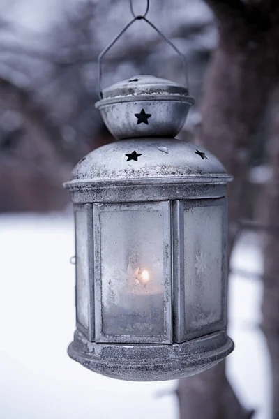 Ліхтар з палаючою свічкою, що висить на дереві — стокове фото