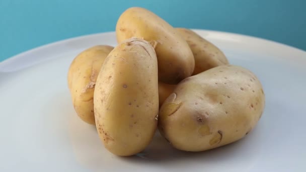 Obrotowy talerz z ziemniakami na niebieskim tle — Wideo stockowe