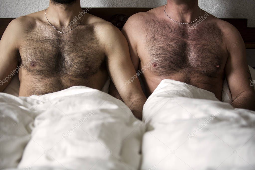 two naked men with hairy chest in bed 