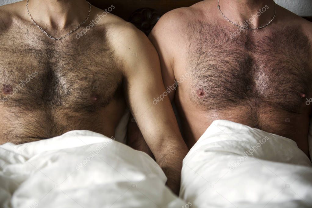 two naked men with hairy chest in bed 