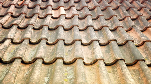Staré omšelé střecha s červenou — Stock fotografie