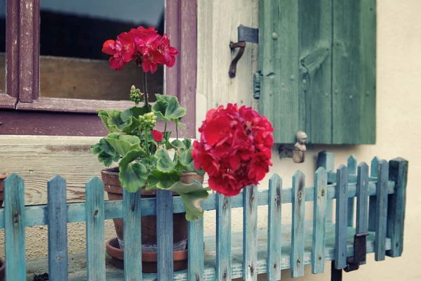 Okenní parapet s červenými květy a staré dřevěné okenice — Stock fotografie