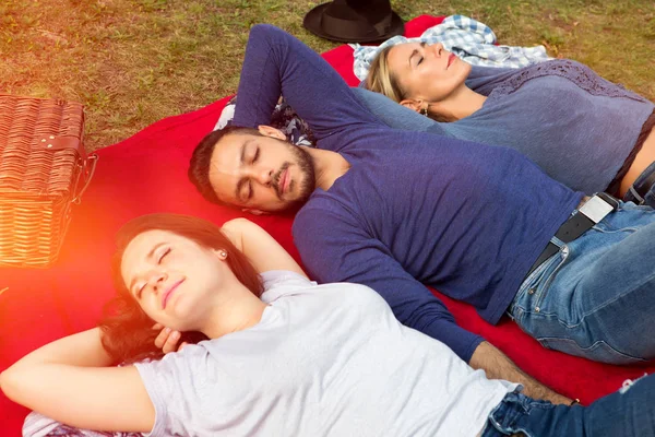 Tre amici che fanno un picnic e si godono il sole — Foto Stock