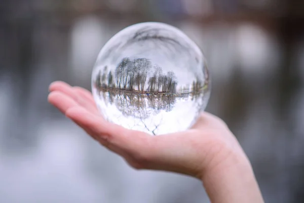 Nahaufnahme einer Hand, die eine Glaskugel mit Reflexion von Bäumen hält — Stockfoto