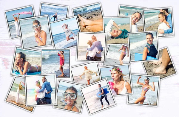 Collage de coloridas fotos de pareja en la playa —  Fotos de Stock