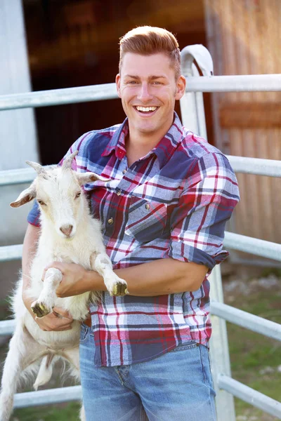 Retrato del guapo hombre rubio sosteniendo una cabra —  Fotos de Stock