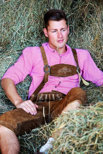英俊金发的巴伐利亚男子坐在干草 — 图库照片