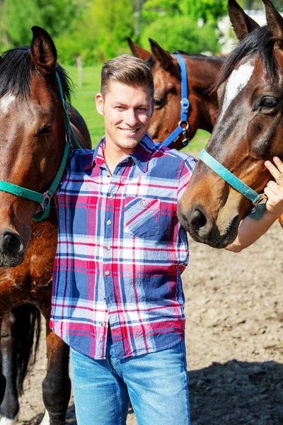 Handsome blond man with brown horses — Stock Photo, Image