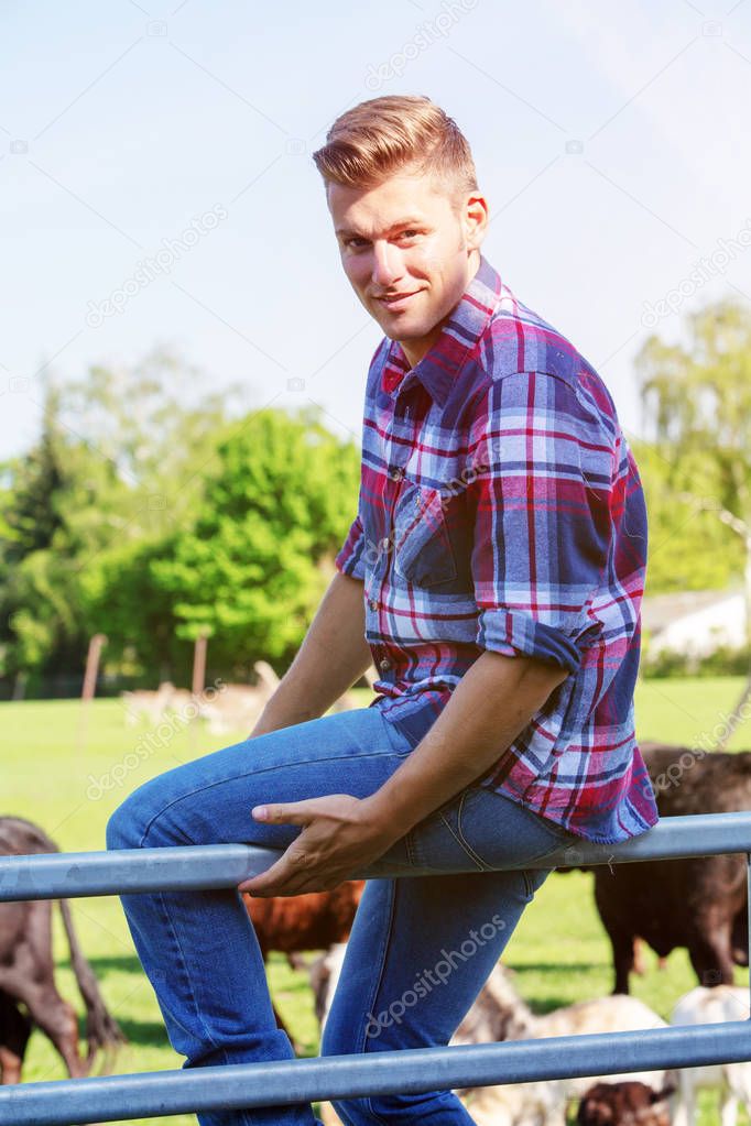 handsome blond man sitting on fence at a farm