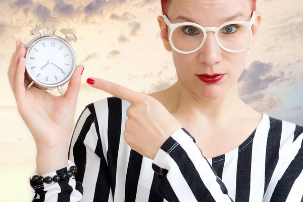 Portrait Red Haired Woman Glasses Holding Alarm Clock — Stock Photo, Image