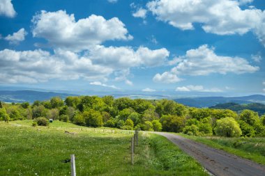 Yeşil alanlar, çayırlar ve küçük yolların panoramik görüntüsü