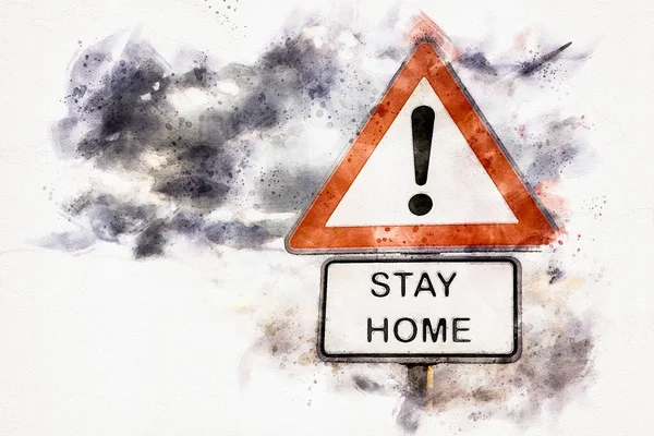 Дорожный Знак Словами Stay Home Стиле Акварели — стоковое фото