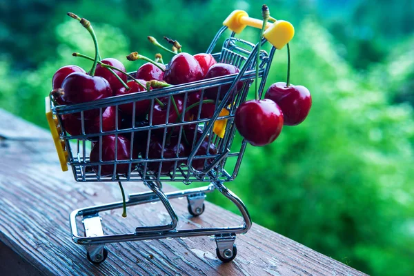 Mini Shopping Cart Red Ripe Cherries Green Background — Stock Photo, Image