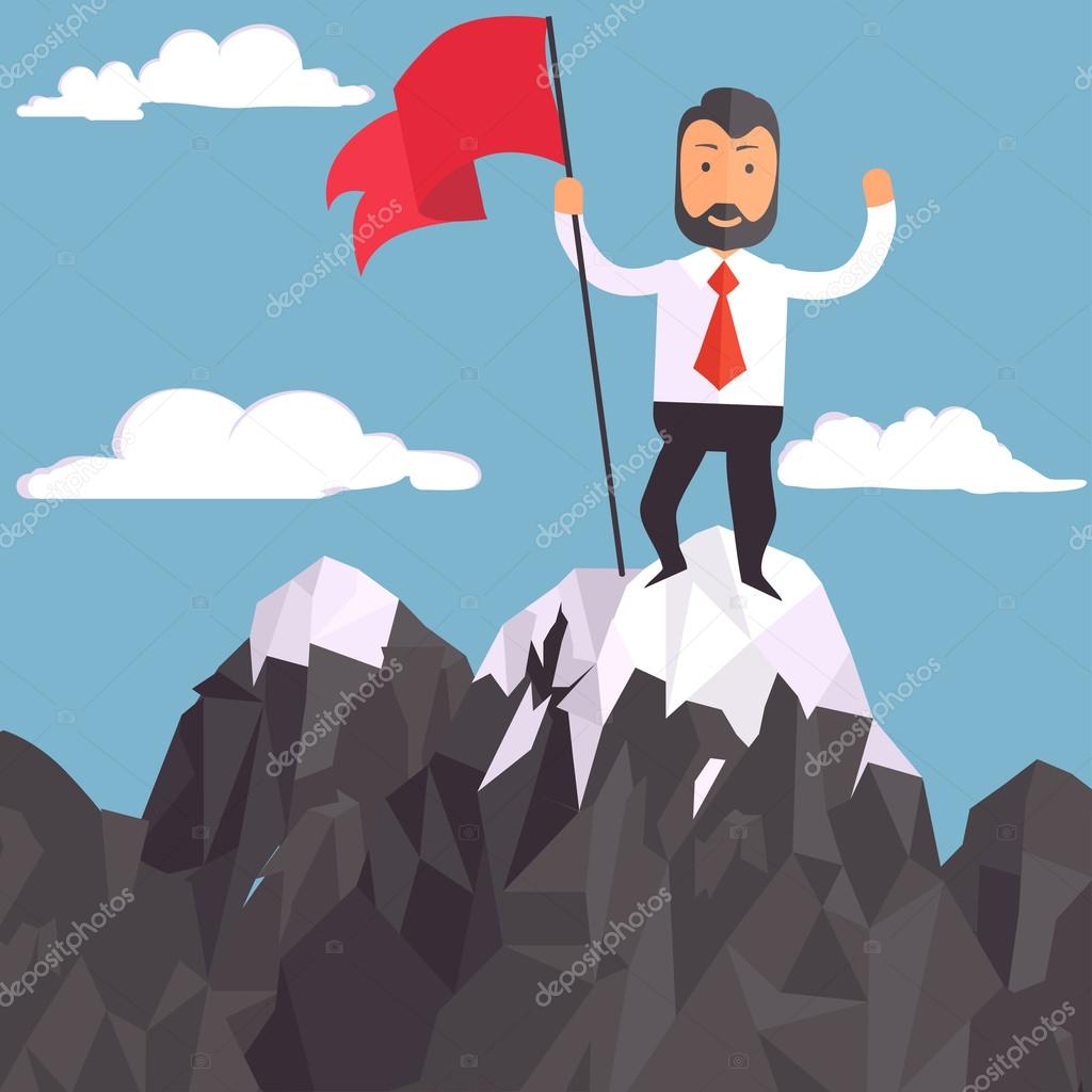 Businessman with flag on a Mountain peak, success