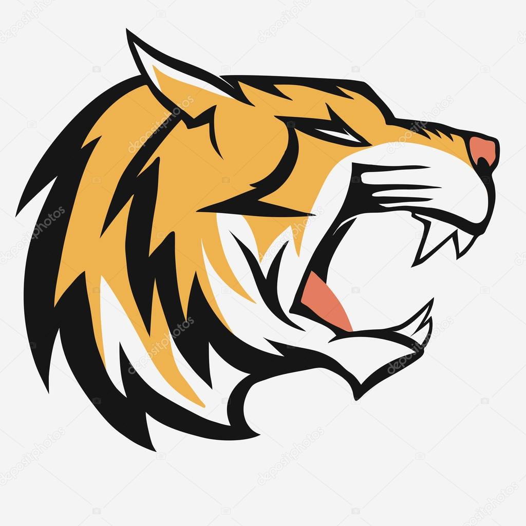 Tiger logo. Mascot head, wild animal portrait emblem, predator face silhouette, Hand drawn Emblem t-shirt design. Vector