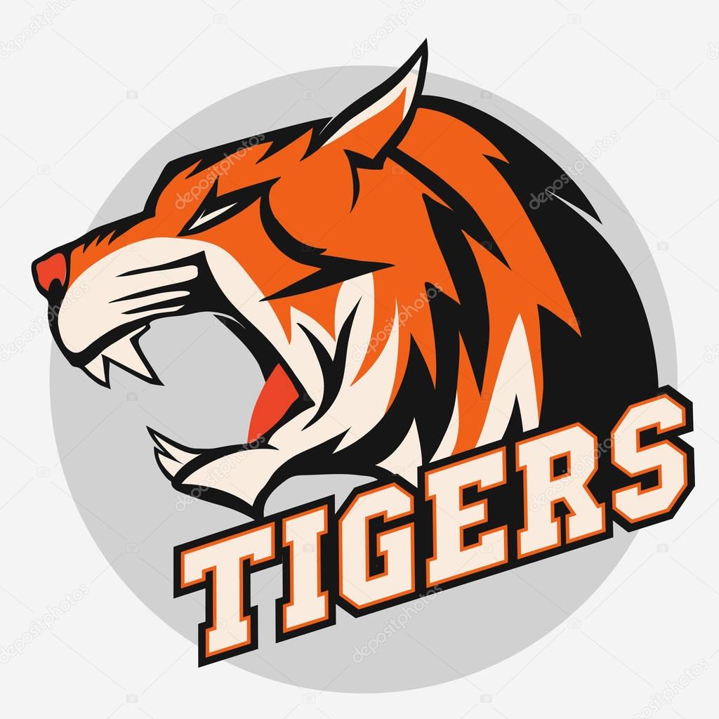 Angry Tiger Sport team emblem, wild big cat head. Cute face of Black Cat. Aggressive cat with bared teeth in cartoon style, t-shirt print design